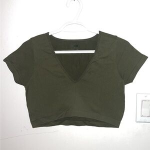 Garage Olive Ribbed V-Neck Cropped Tee